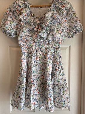 Karlie Light Blue Floral Ruffle 100% Cotton Mini Dress Size Small. Babydoll